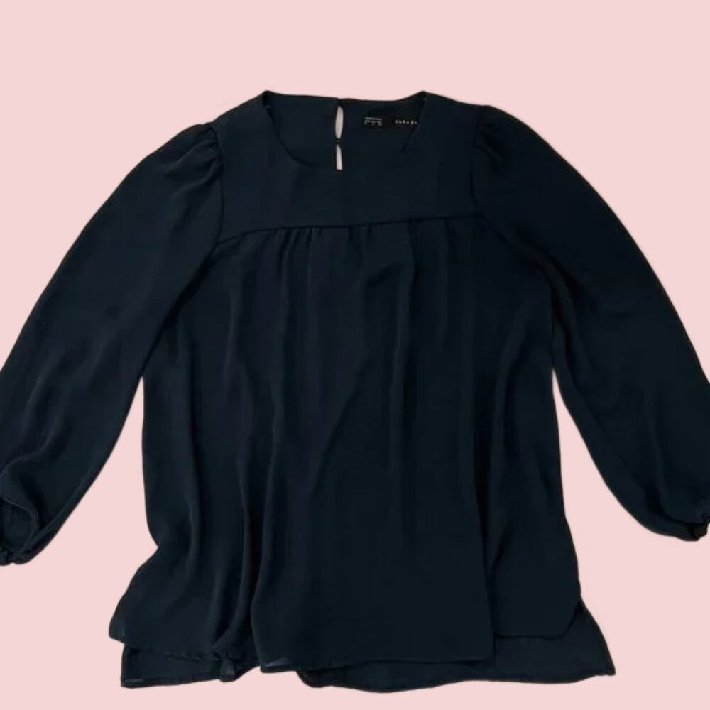 Women's Top "Zara" Blue 3/4 Sleeve Round Neck Blouse Gold Buttons Size Small